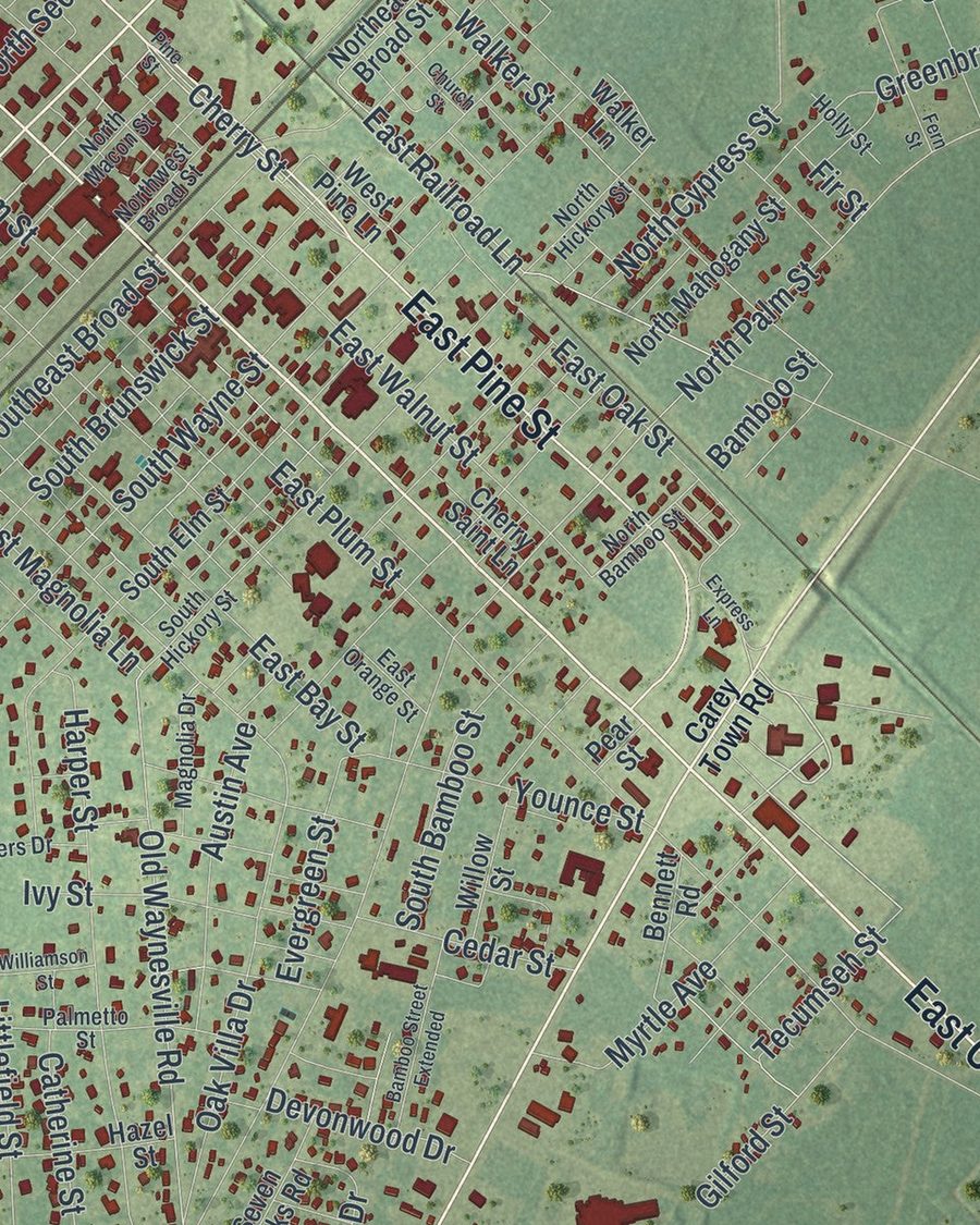 Close-up of Jesup streets on the map