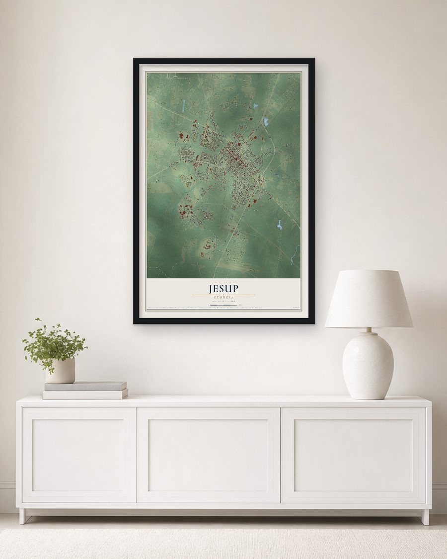The Jesup, Georgia map, 24 x 36 in, in a black wood frame on a living room wall