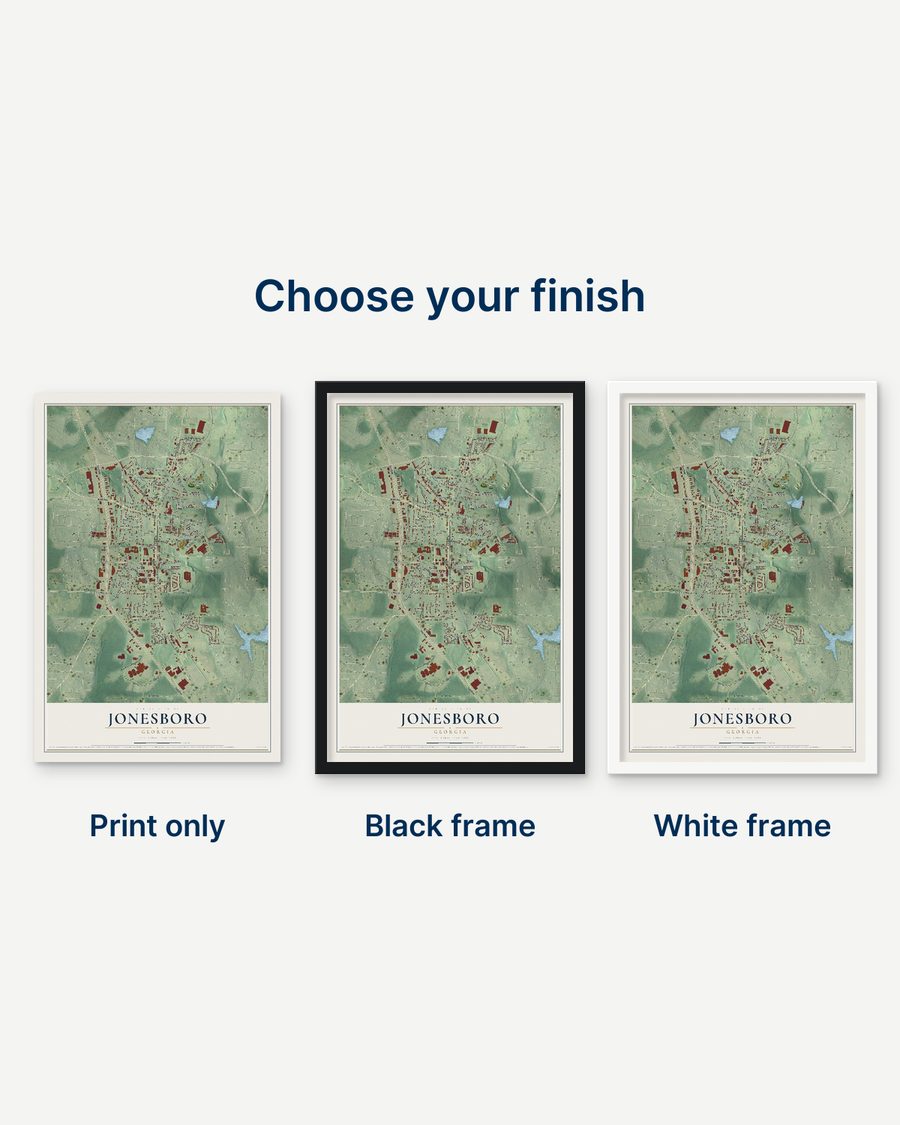 The Jonesboro, Georgia map as a print only, in a black frame and in a white frame