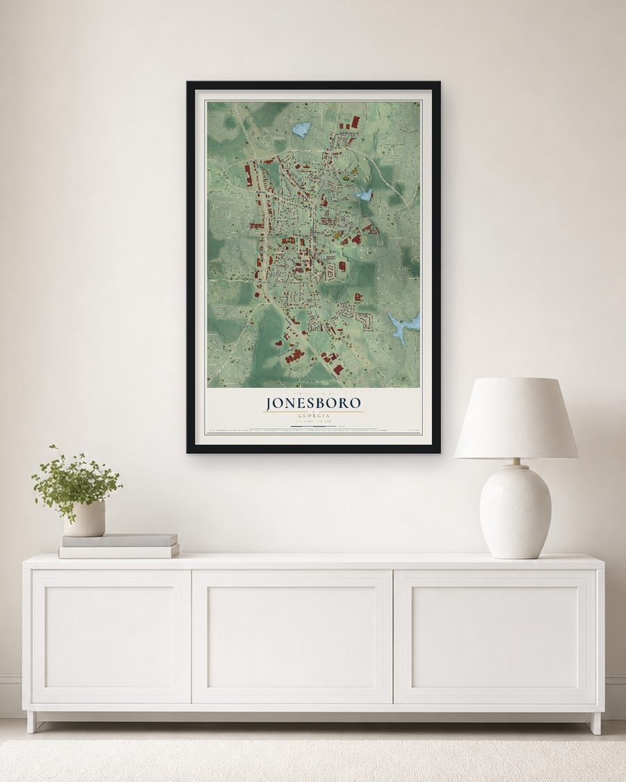 The Jonesboro, Georgia map, 24 x 36 in, in a black wood frame on a living room wall