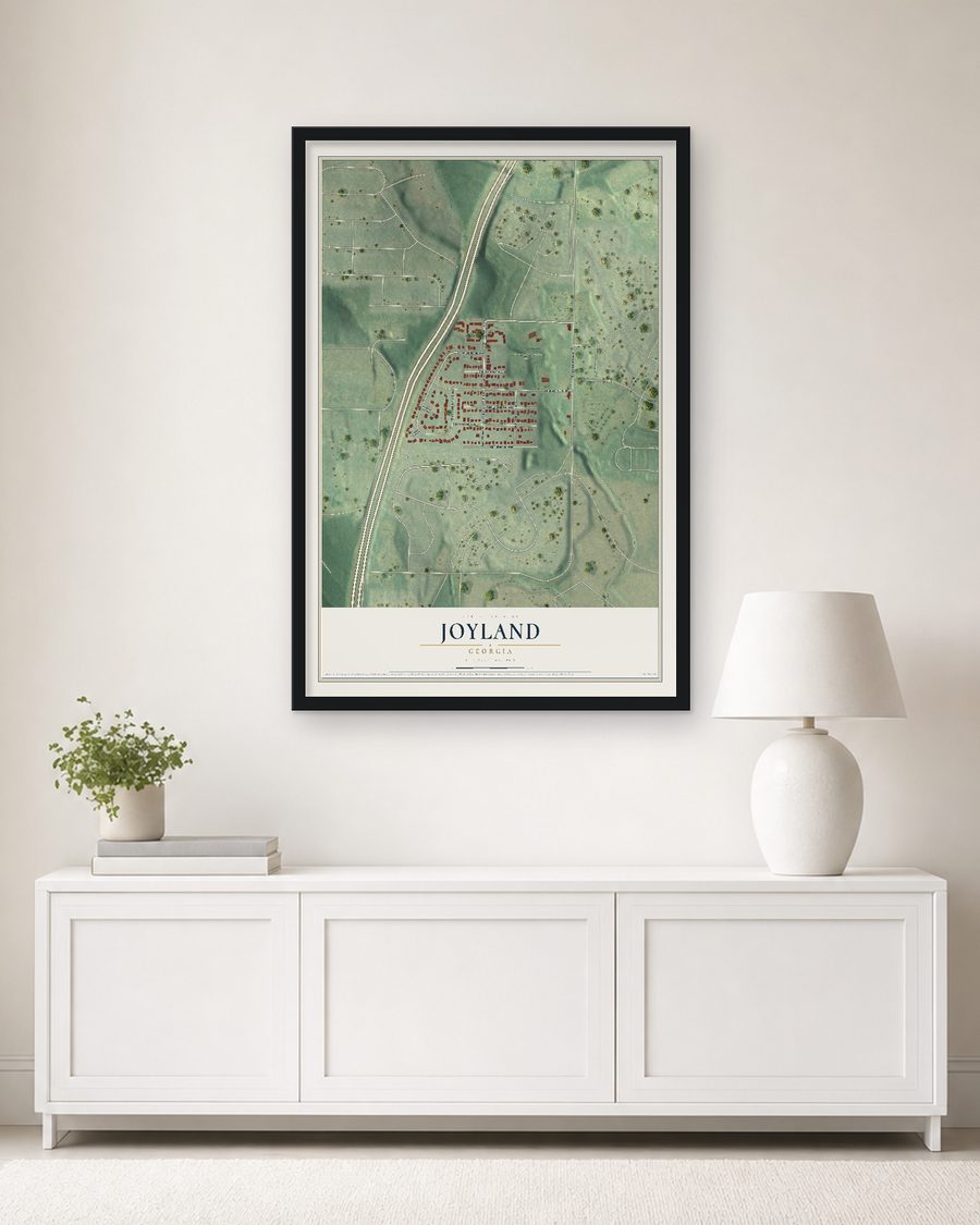 The Joyland, Georgia map, 24 x 36 in, in a black wood frame on a living room wall