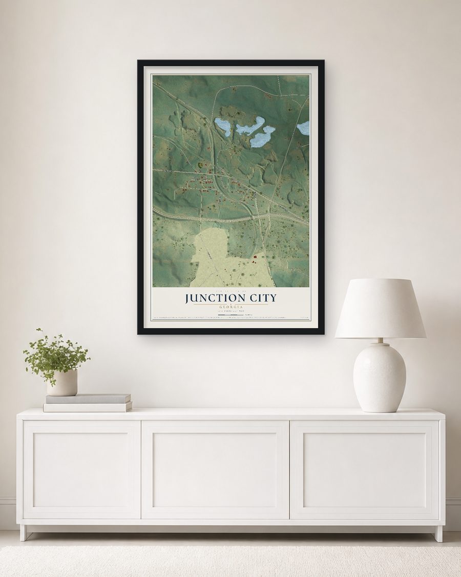 The Junction City, Georgia map, 24 x 36 in, in a black wood frame on a living room wall