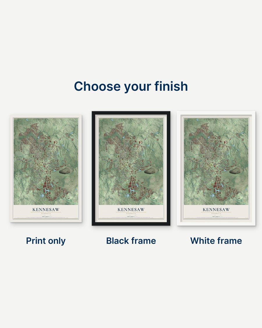 The Kennesaw, Georgia map as a print only, in a black frame and in a white frame