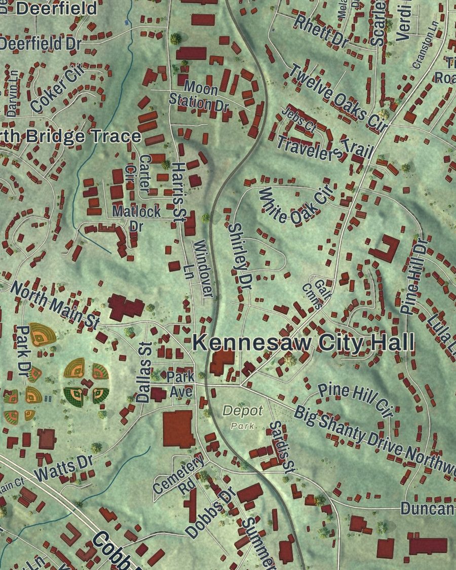 Close-up of Kennesaw streets on the map