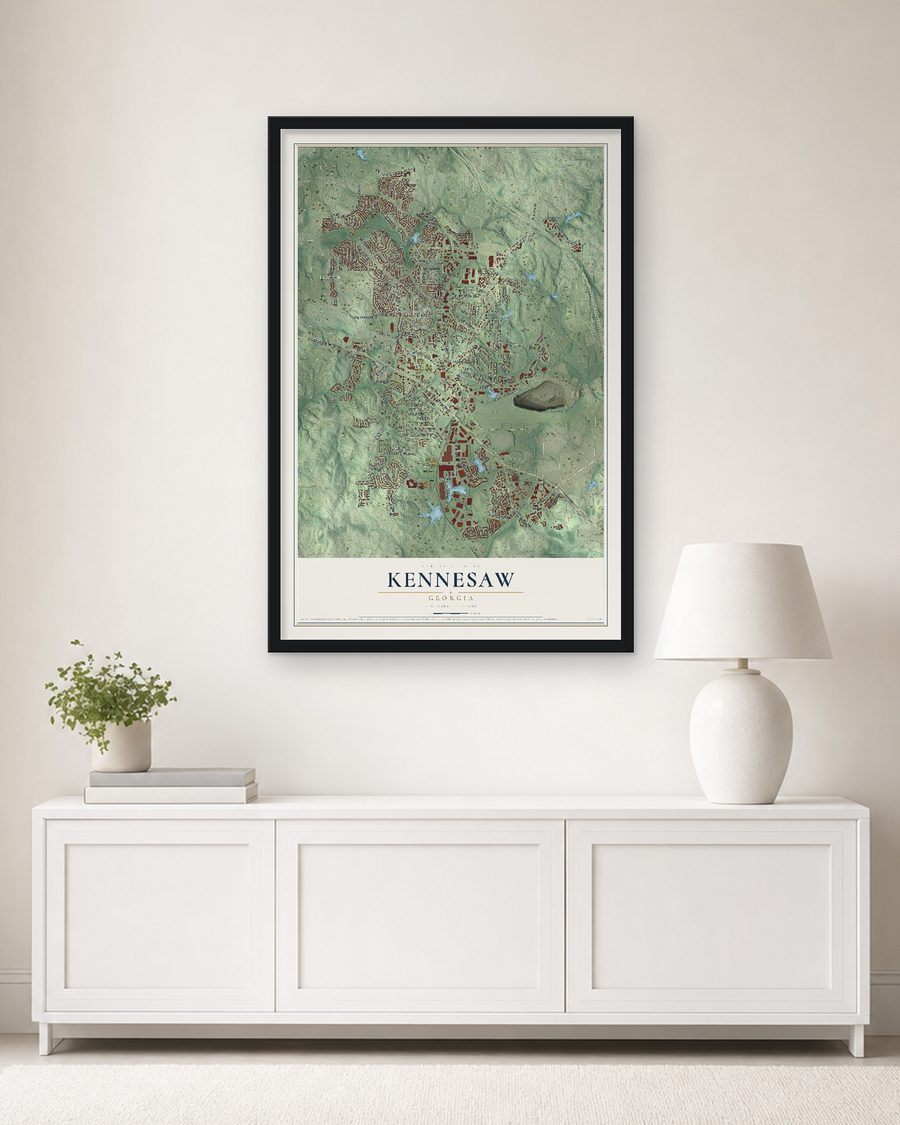The Kennesaw, Georgia map, 24 x 36 in, in a black wood frame on a living room wall