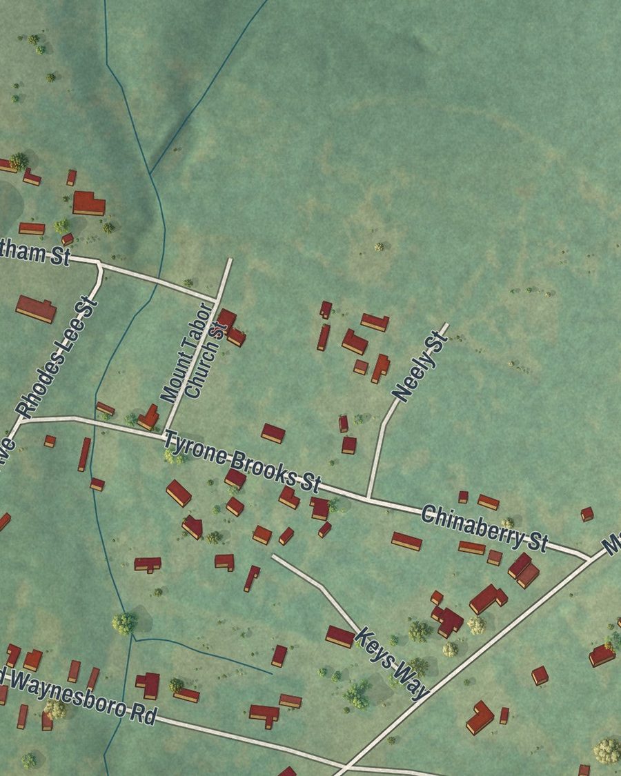 Close-up of Keysville streets on the map