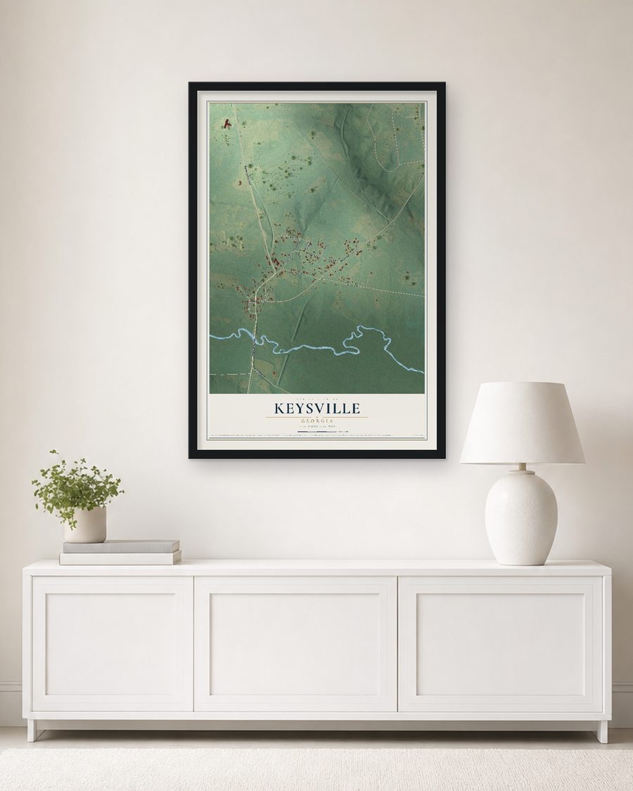 The Keysville, Georgia map, 24 x 36 in, in a black wood frame on a living room wall