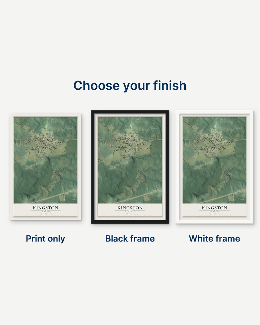 The Kingston, Georgia map as a print only, in a black frame and in a white frame