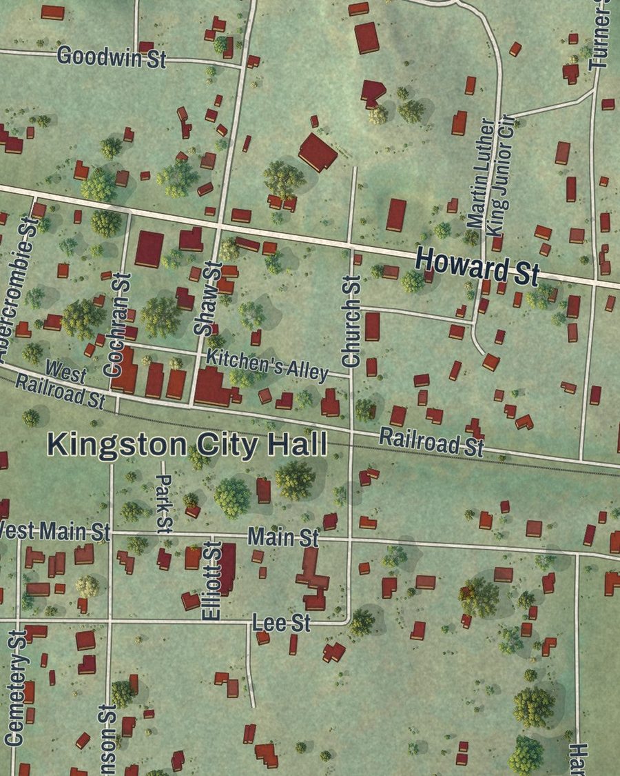 Close-up of Kingston streets on the map