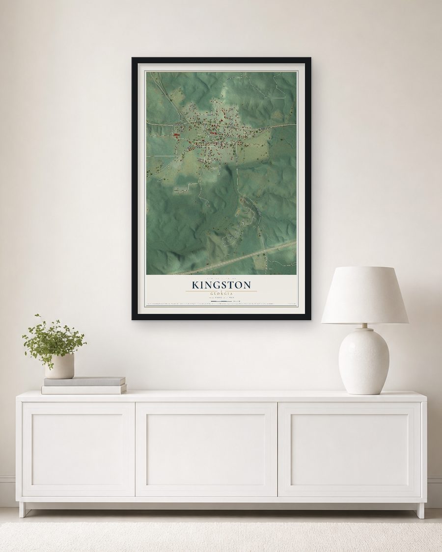 The Kingston, Georgia map, 24 x 36 in, in a black wood frame on a living room wall