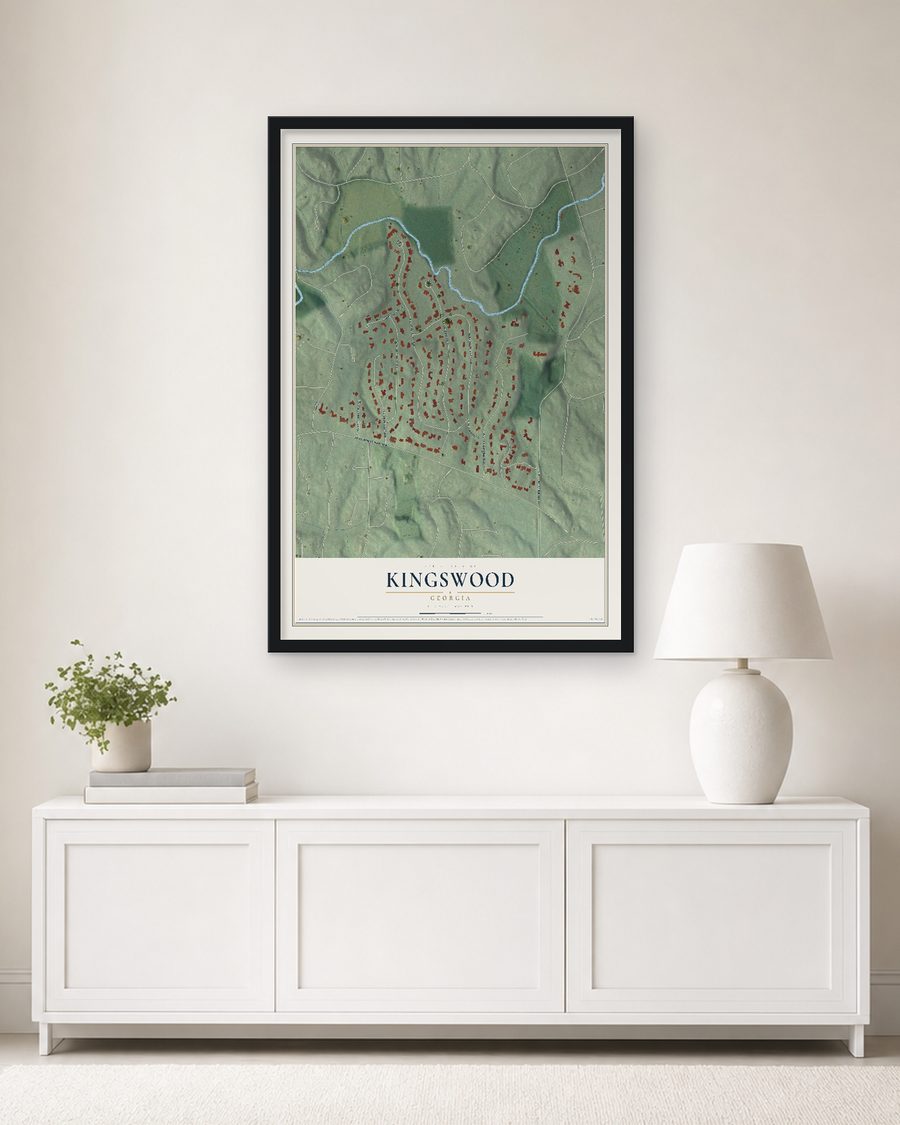 The Kingswood, Georgia map, 24 x 36 in, in a black wood frame on a living room wall