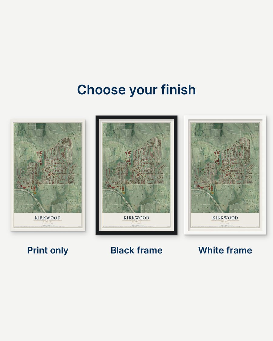 The Kirkwood, Georgia map as a print only, in a black frame and in a white frame