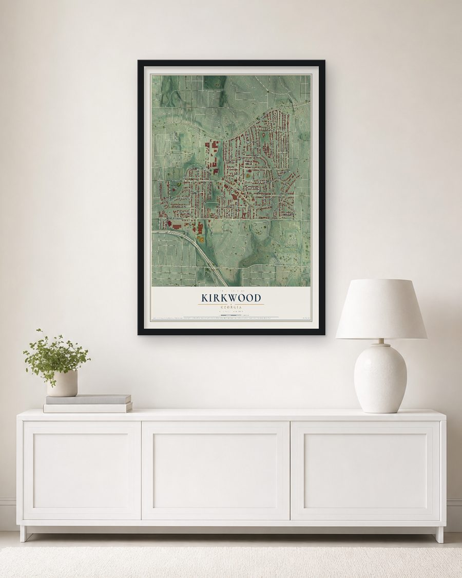 The Kirkwood, Georgia map, 24 x 36 in, in a black wood frame on a living room wall
