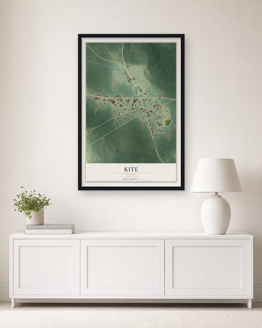 The Kite, Georgia map, 24 x 36 in, in a black wood frame on a living room wall