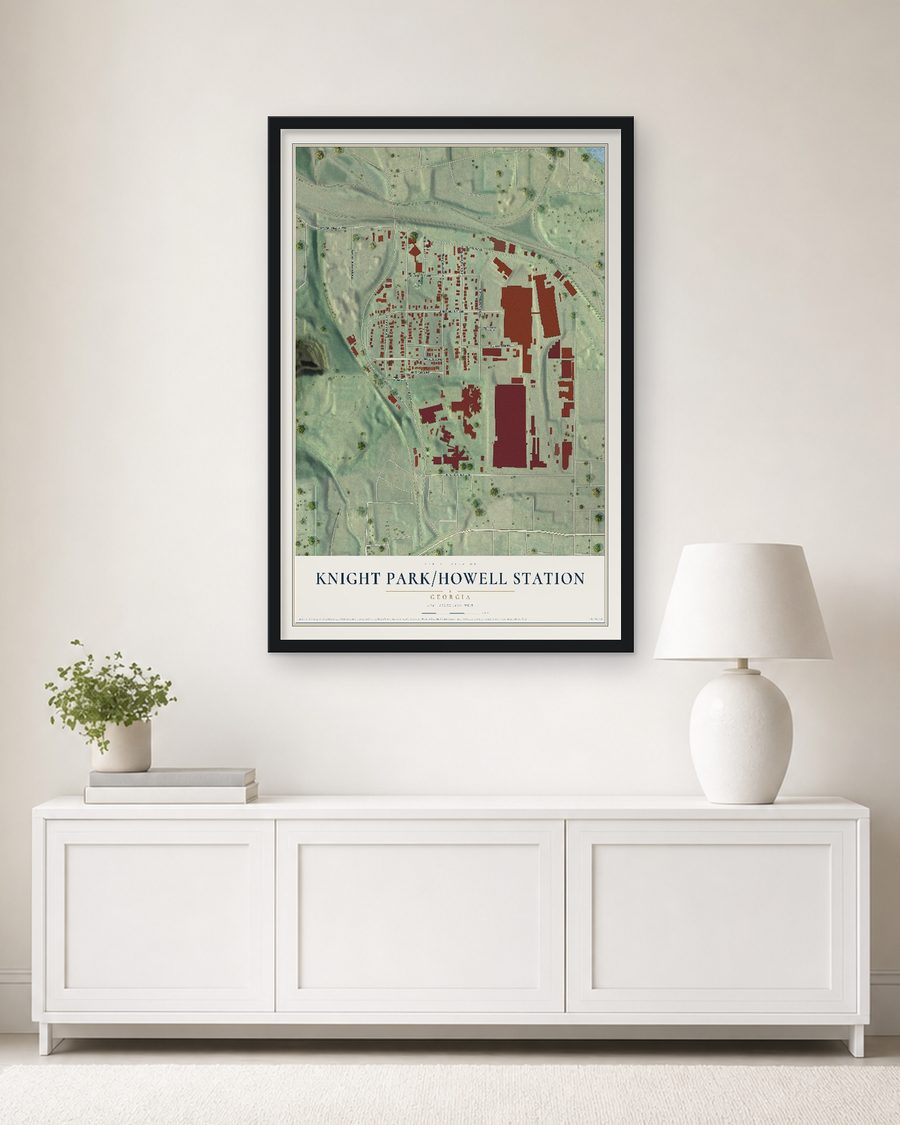 The Knight Park-Howell Station, Georgia map, 24 x 36 in, in a black wood frame on a living room wall