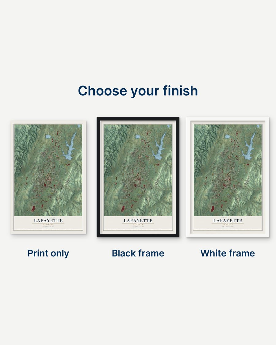 The LaFayette, Georgia map as a print only, in a black frame and in a white frame