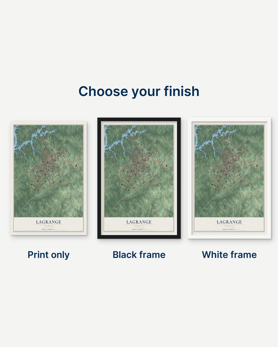 The LaGrange, Georgia map as a print only, in a black frame and in a white frame