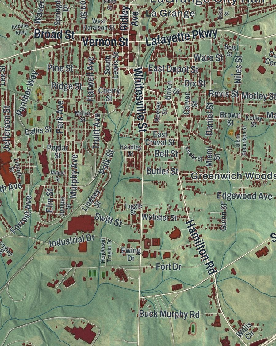 Close-up of LaGrange streets on the map