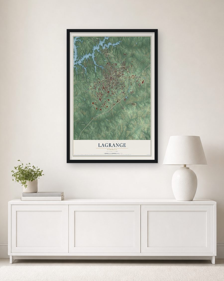 The LaGrange, Georgia map, 24 x 36 in, in a black wood frame on a living room wall