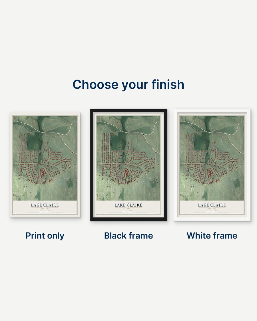 The Lake Claire, Georgia map as a print only, in a black frame and in a white frame
