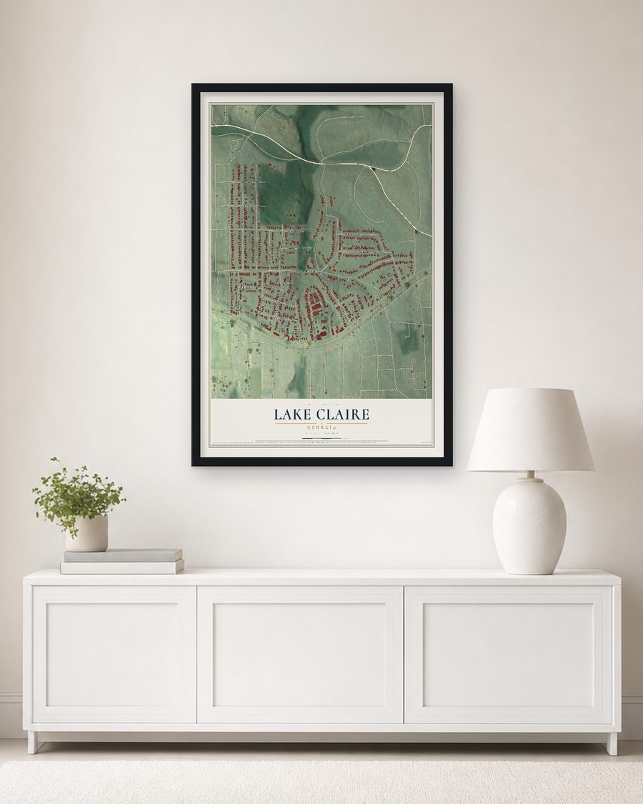 The Lake Claire, Georgia map, 24 x 36 in, in a black wood frame on a living room wall