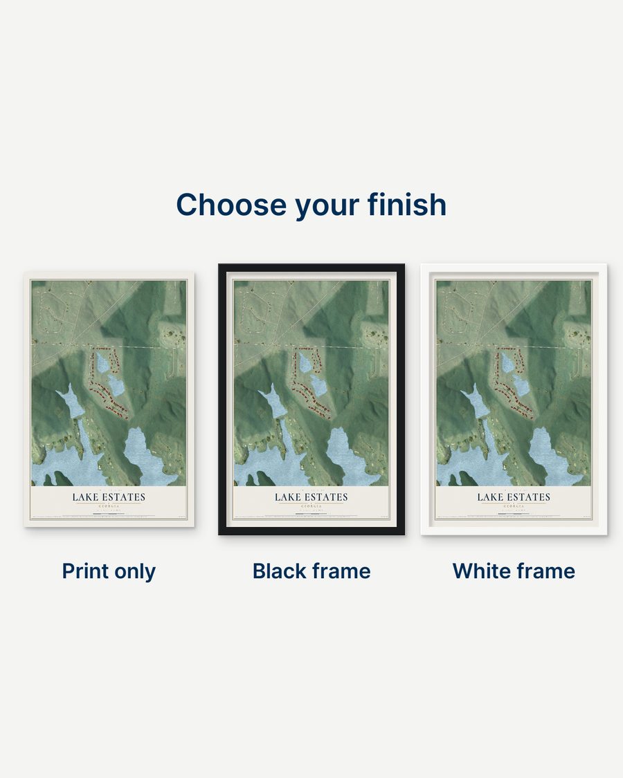 The Lake Estates, Georgia map as a print only, in a black frame and in a white frame