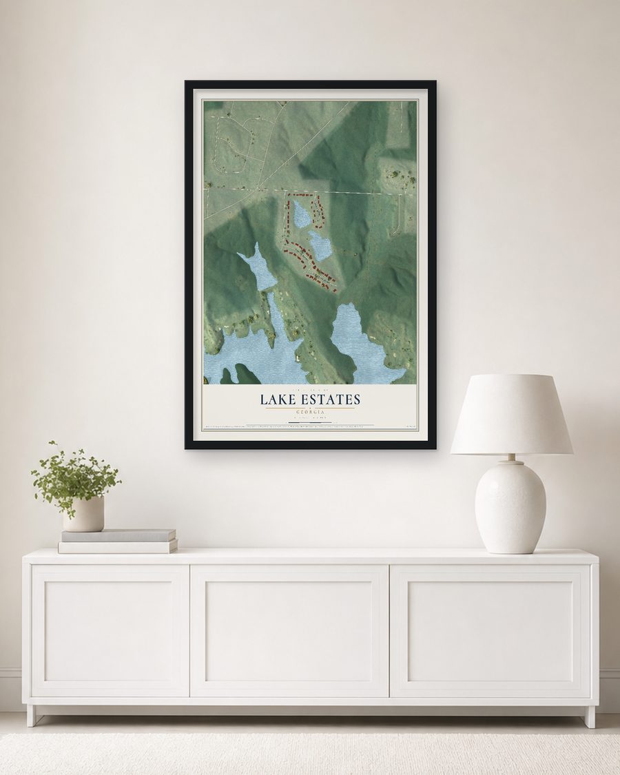 The Lake Estates, Georgia map, 24 x 36 in, in a black wood frame on a living room wall