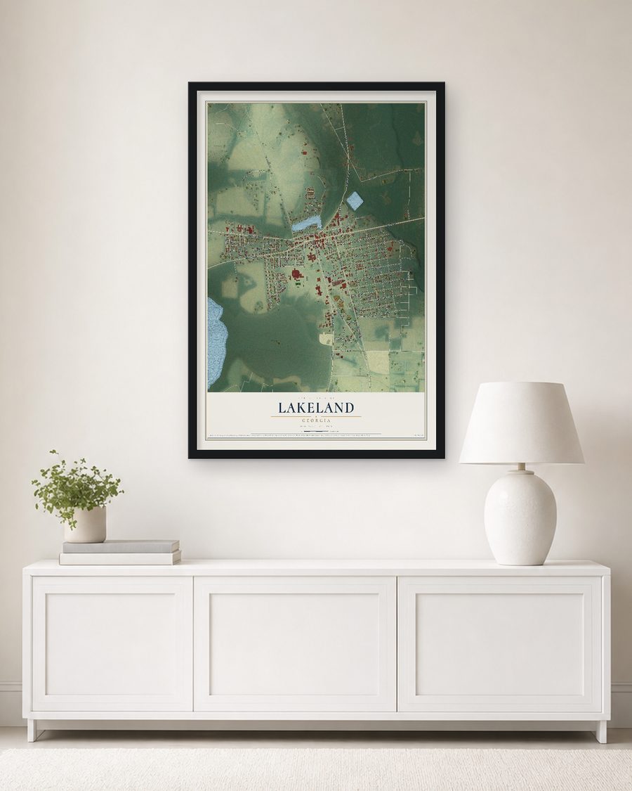 The Lakeland, Georgia map, 24 x 36 in, in a black wood frame on a living room wall
