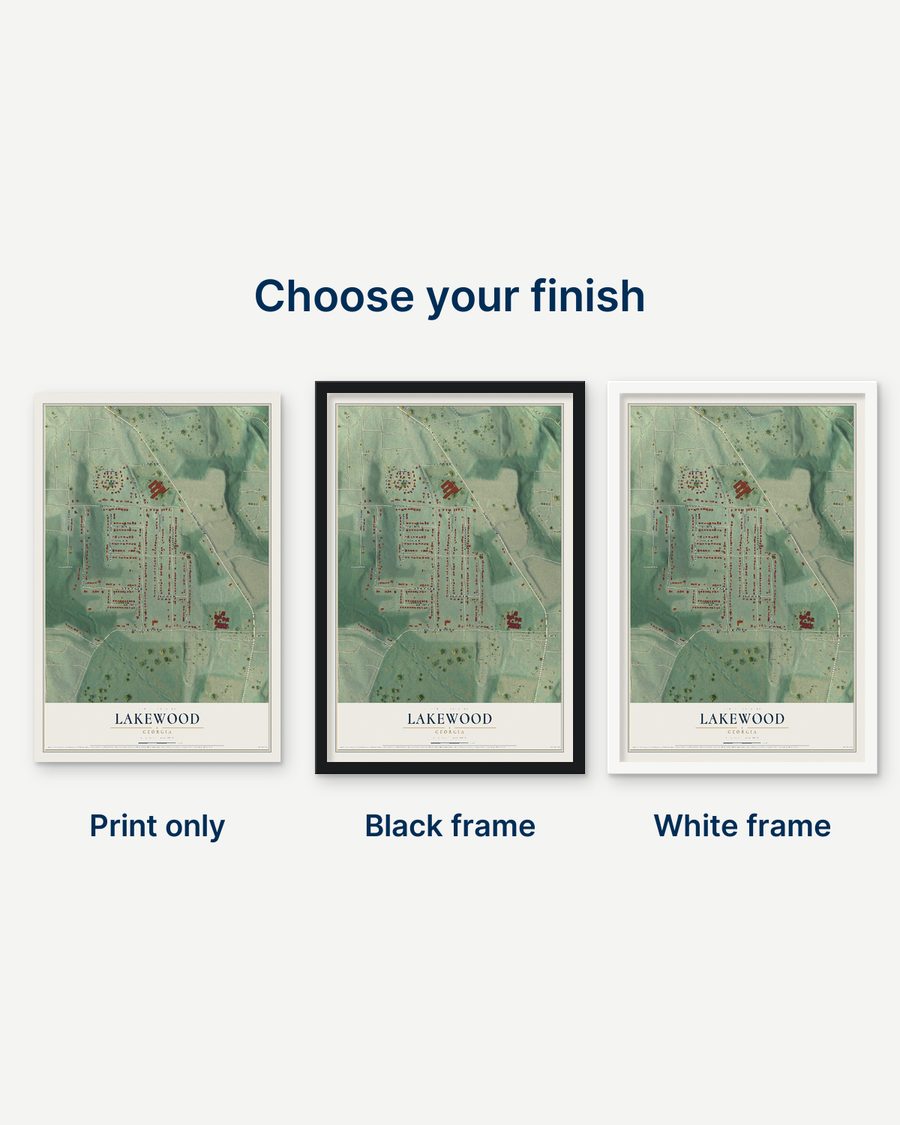 The Lakewood, Georgia map as a print only, in a black frame and in a white frame