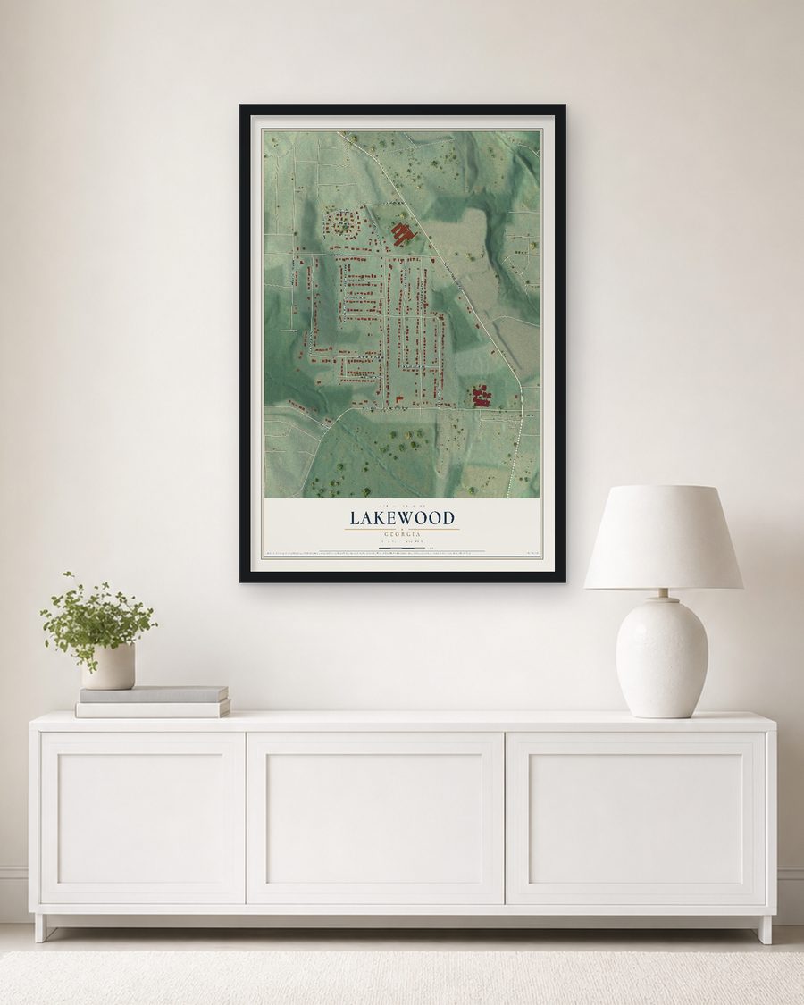 The Lakewood, Georgia map, 24 x 36 in, in a black wood frame on a living room wall
