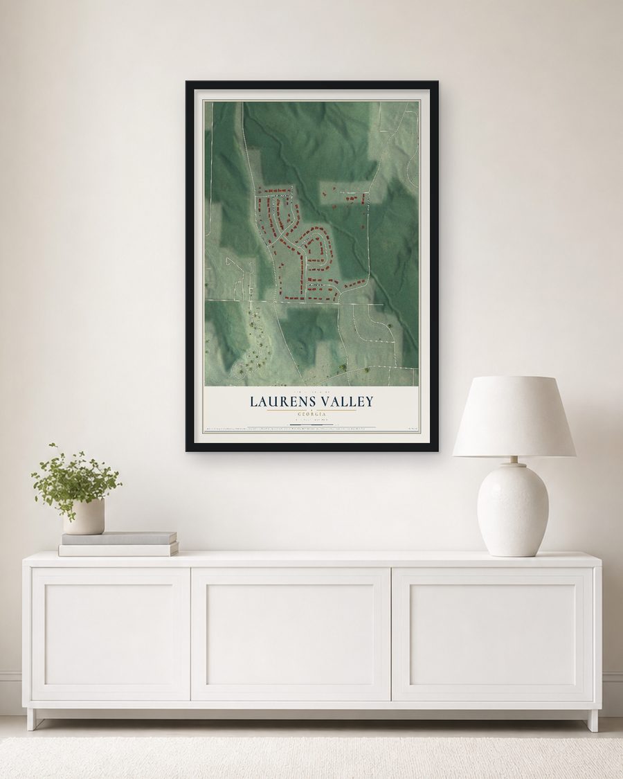 The Laurens Valley, Georgia map, 24 x 36 in, in a black wood frame on a living room wall