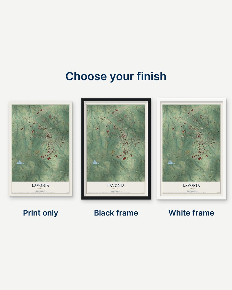 The Lavonia, Georgia map as a print only, in a black frame and in a white frame