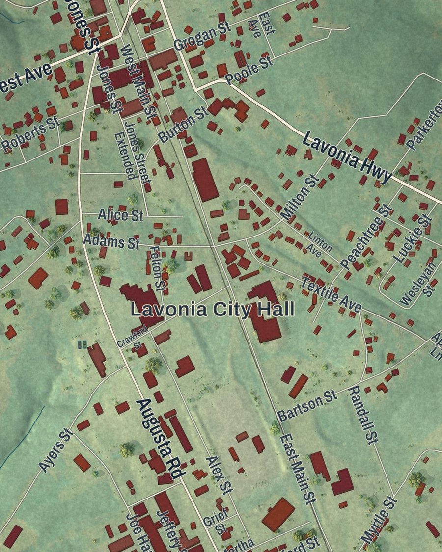 Close-up of Lavonia streets on the map