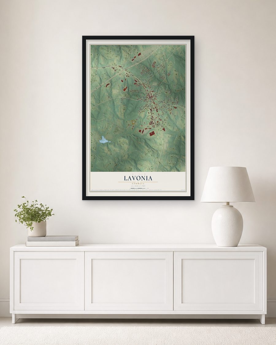 The Lavonia, Georgia map, 24 x 36 in, in a black wood frame on a living room wall