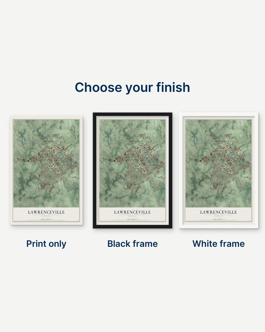 The Lawrenceville, Georgia map as a print only, in a black frame and in a white frame