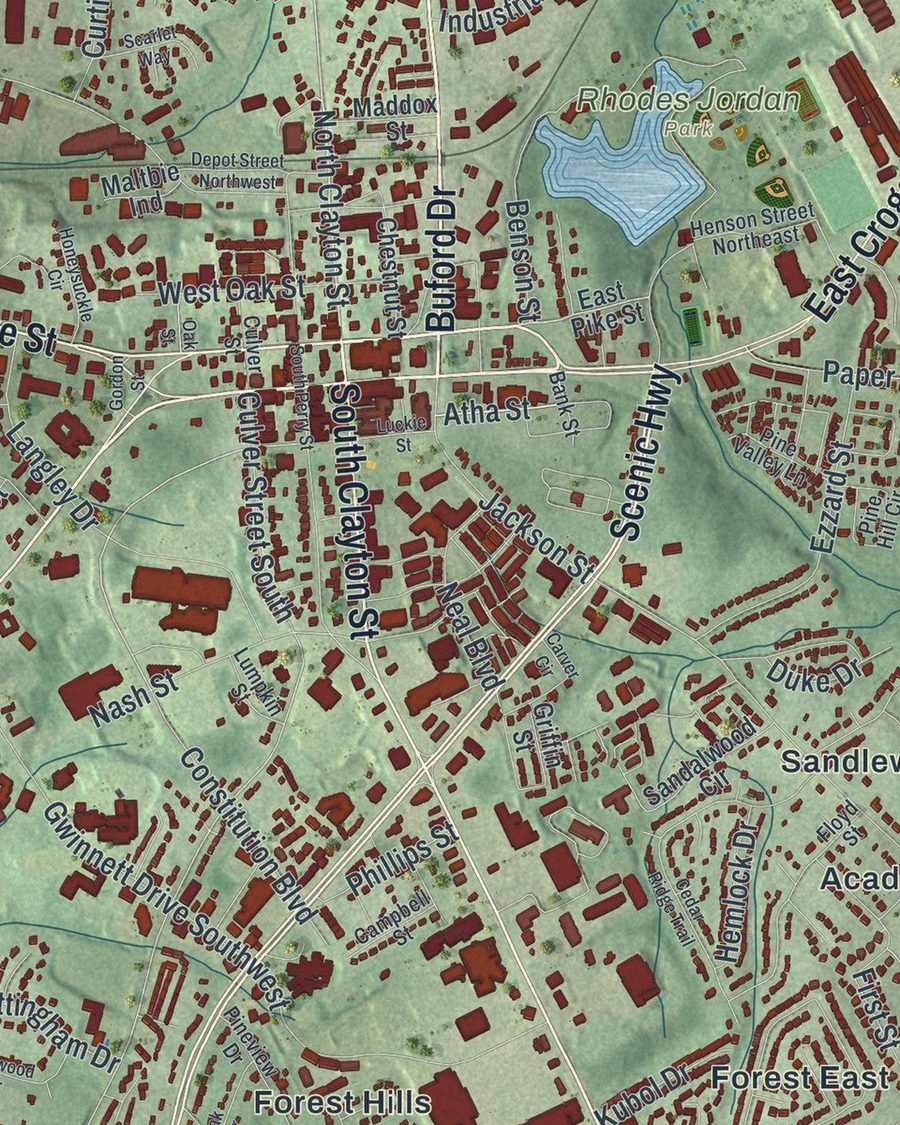 Close-up of Lawrenceville streets on the map