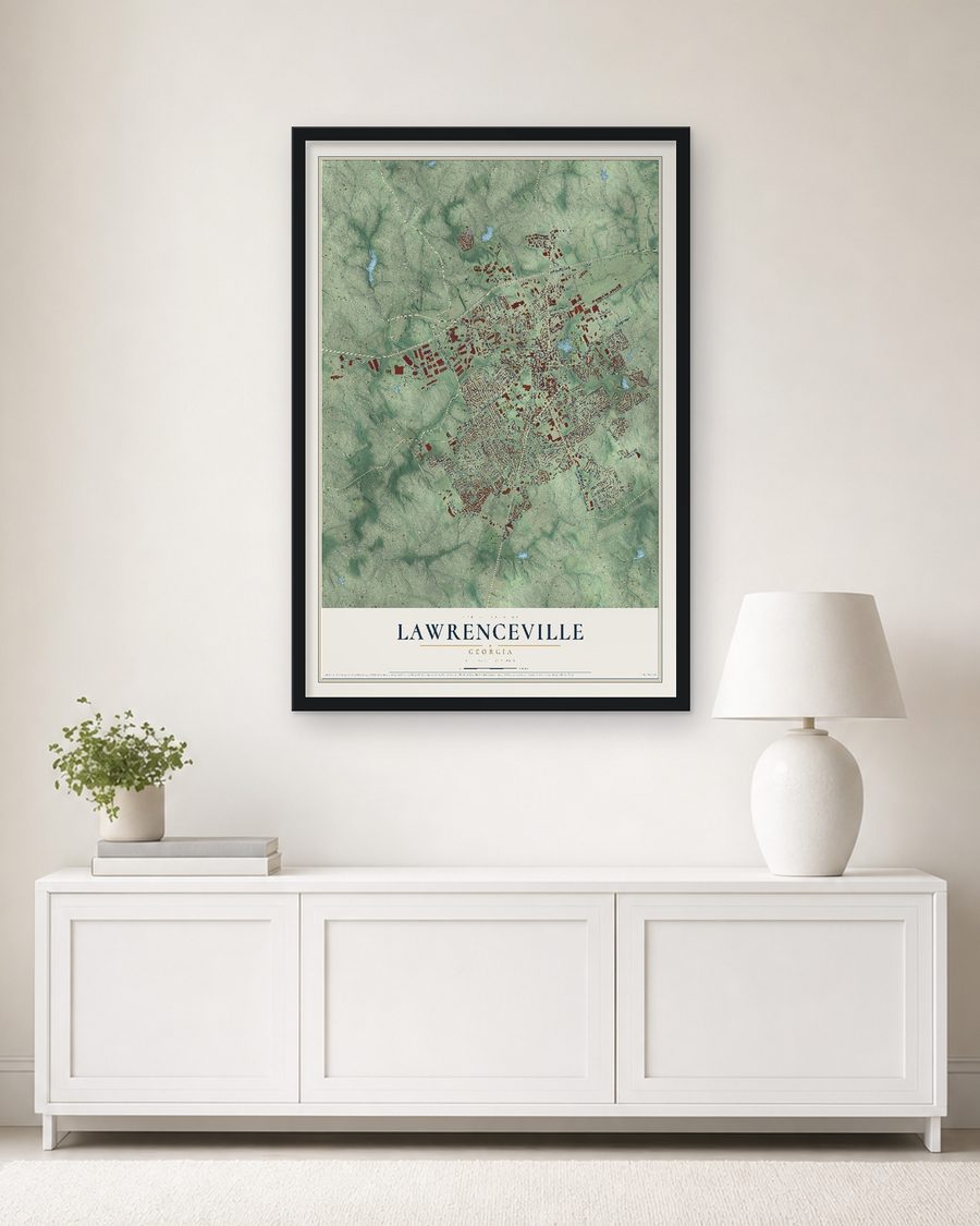 The Lawrenceville, Georgia map, 24 x 36 in, in a black wood frame on a living room wall