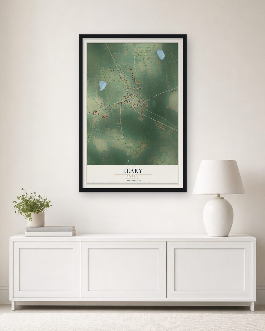 The Leary, Georgia map, 24 x 36 in, in a black wood frame on a living room wall