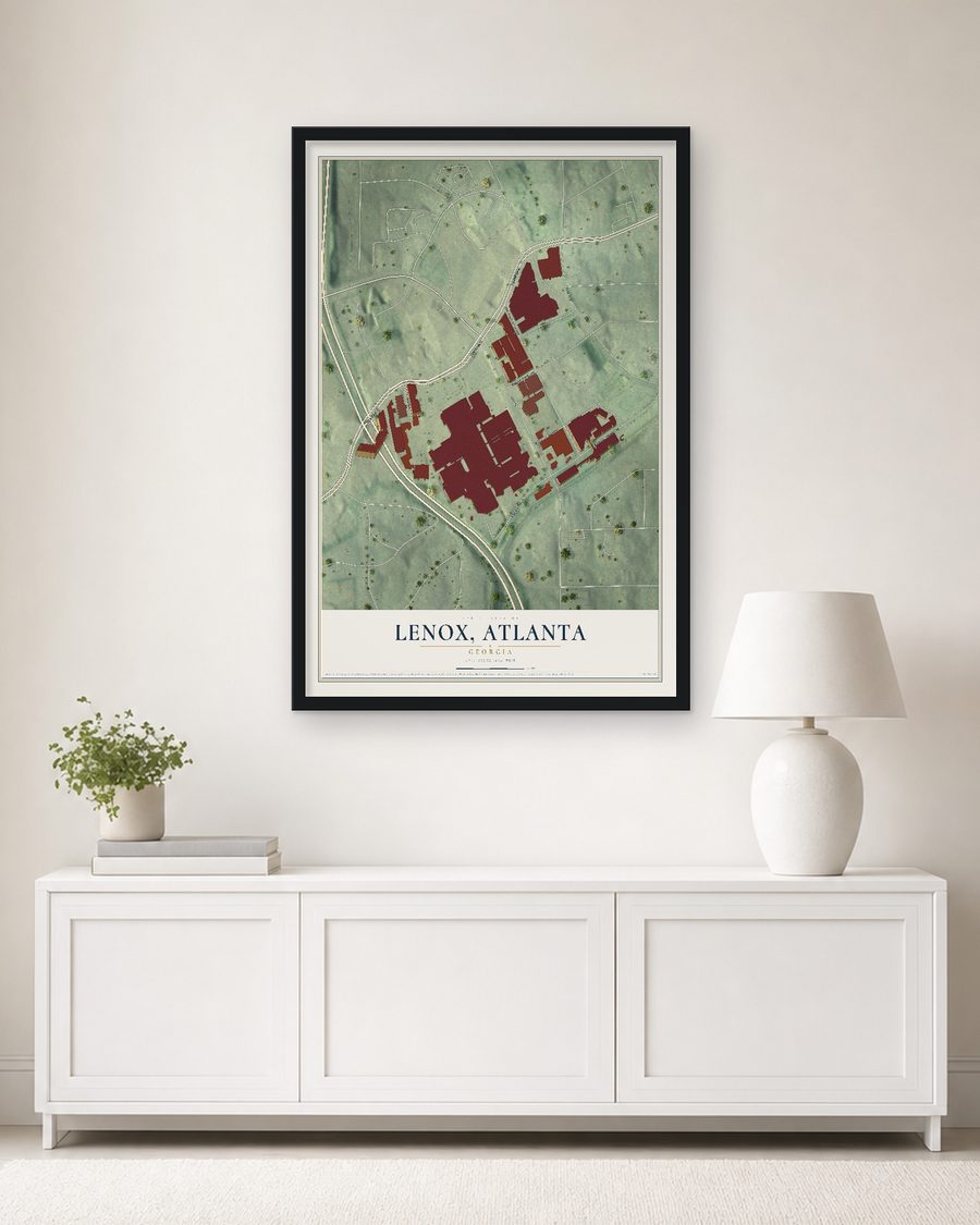 The Lenox (Atlanta), Georgia map, 24 x 36 in, in a black wood frame on a living room wall