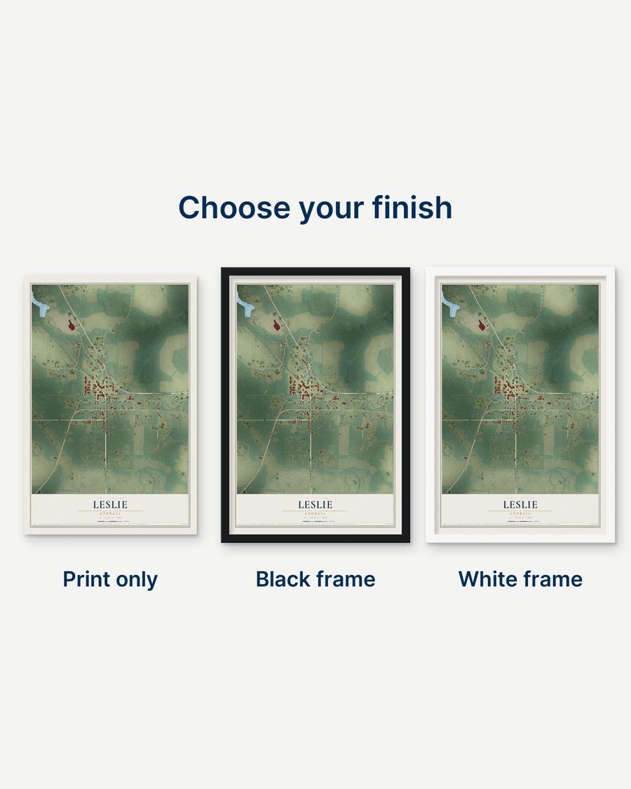 The Leslie, Georgia map as a print only, in a black frame and in a white frame