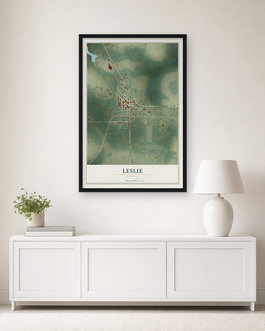 The Leslie, Georgia map, 24 x 36 in, in a black wood frame on a living room wall