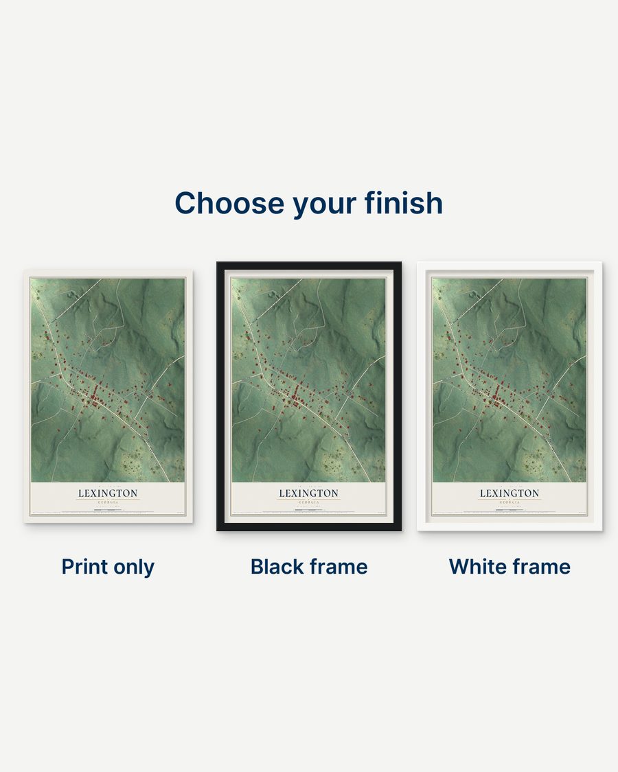 The Lexington, Georgia map as a print only, in a black frame and in a white frame