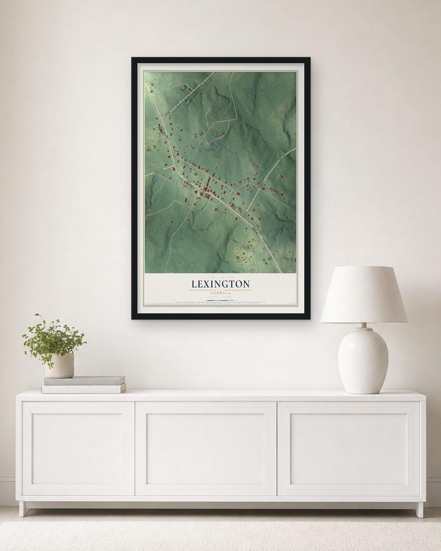 The Lexington, Georgia map, 24 x 36 in, in a black wood frame on a living room wall