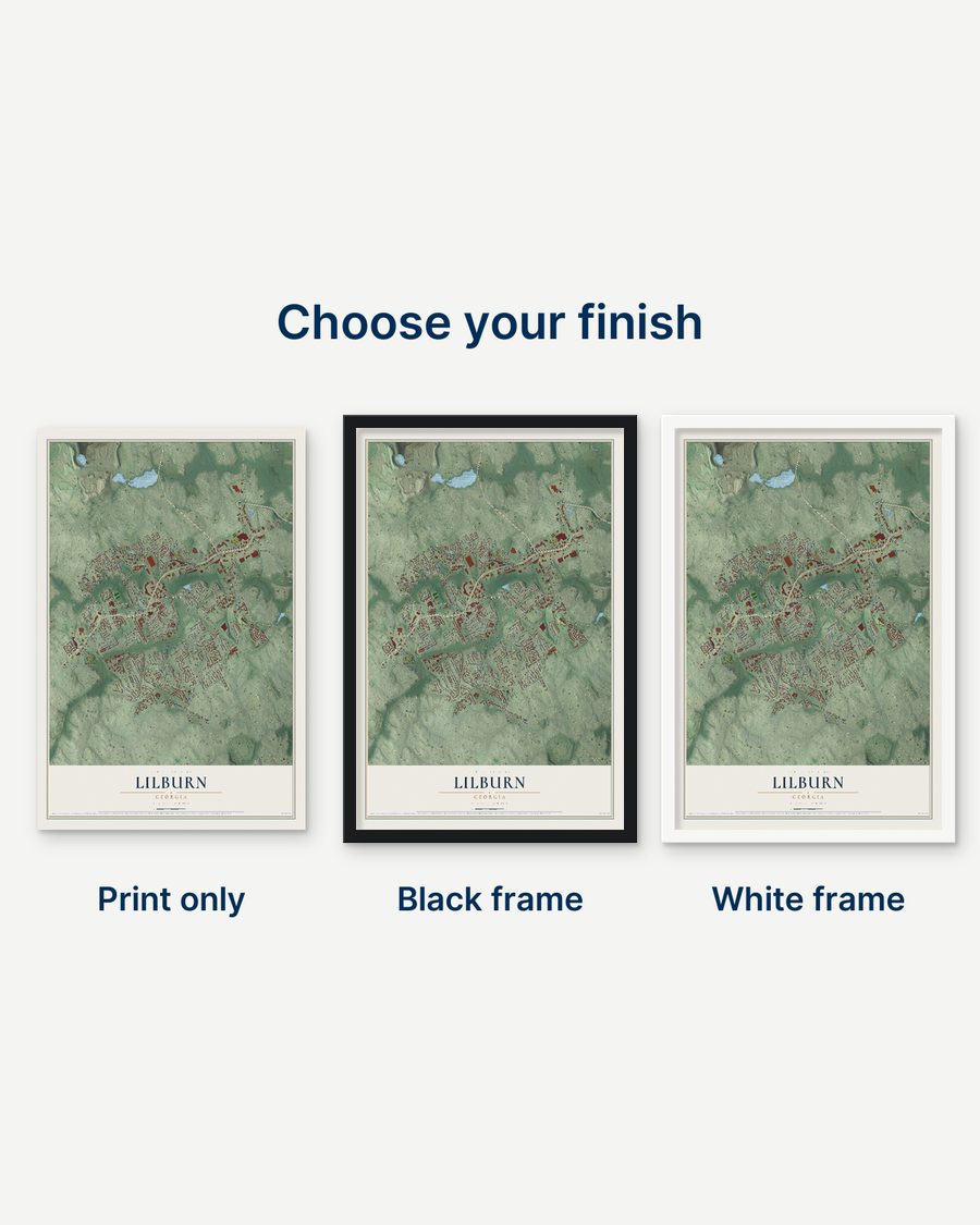 The Lilburn, Georgia map as a print only, in a black frame and in a white frame