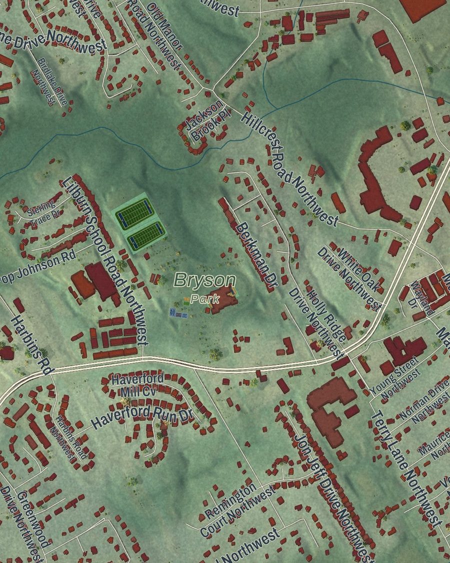 Close-up of Lilburn streets on the map