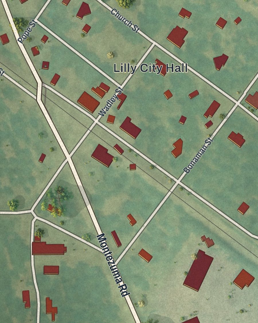 Close-up of Lilly streets on the map