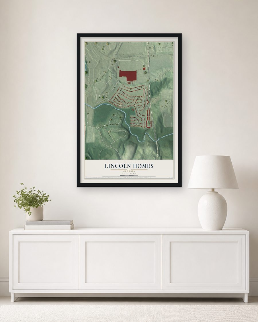 The Lincoln Homes, Georgia map, 24 x 36 in, in a black wood frame on a living room wall