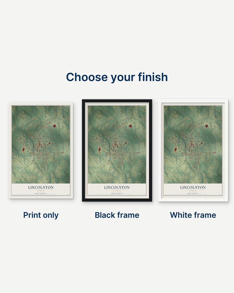 The Lincolnton, Georgia map as a print only, in a black frame and in a white frame