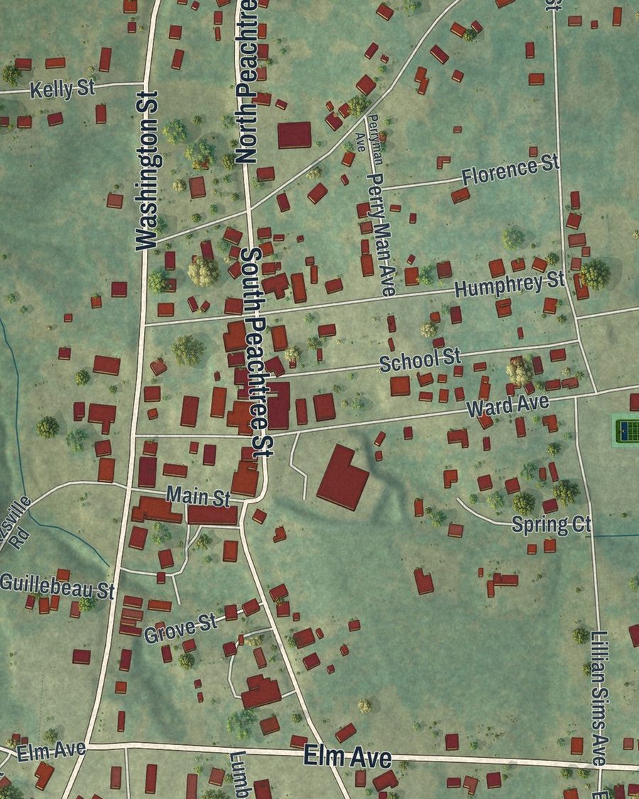 Close-up of Lincolnton streets on the map