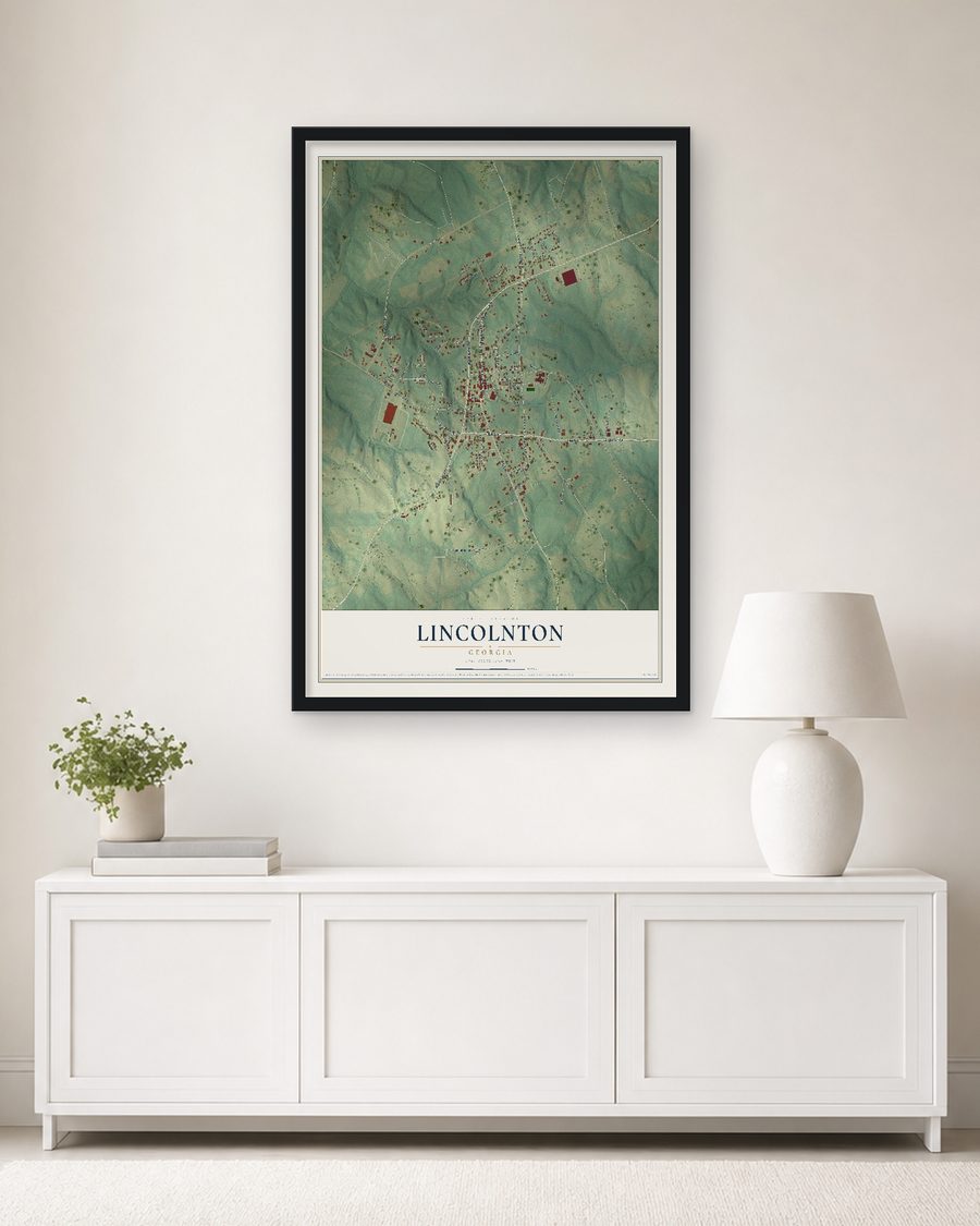 The Lincolnton, Georgia map, 24 x 36 in, in a black wood frame on a living room wall